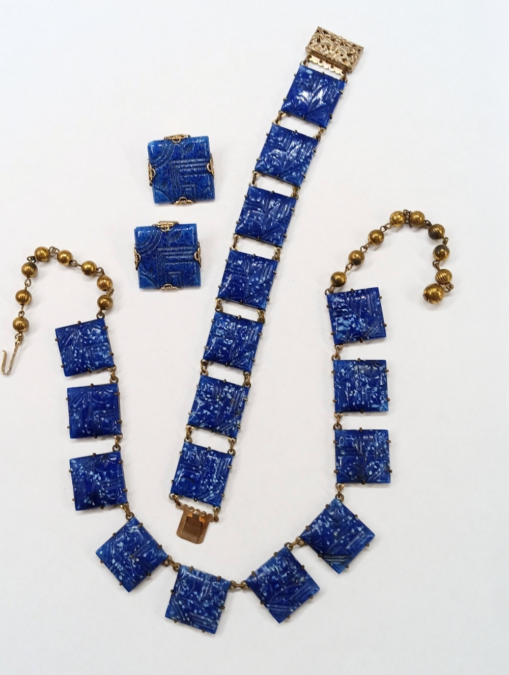Vintage Barclay's Czech Molded Glass Necklace Bracelet Set + Earrings